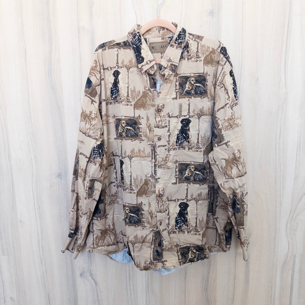 Magellan Mens Button Down Long Sleeve Shirt XXL Tan Hunting Dog Print Outdoor